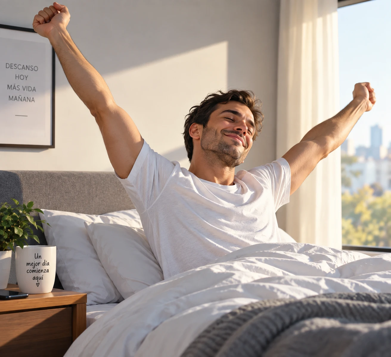Persona descansada y feliz después de dormir bien